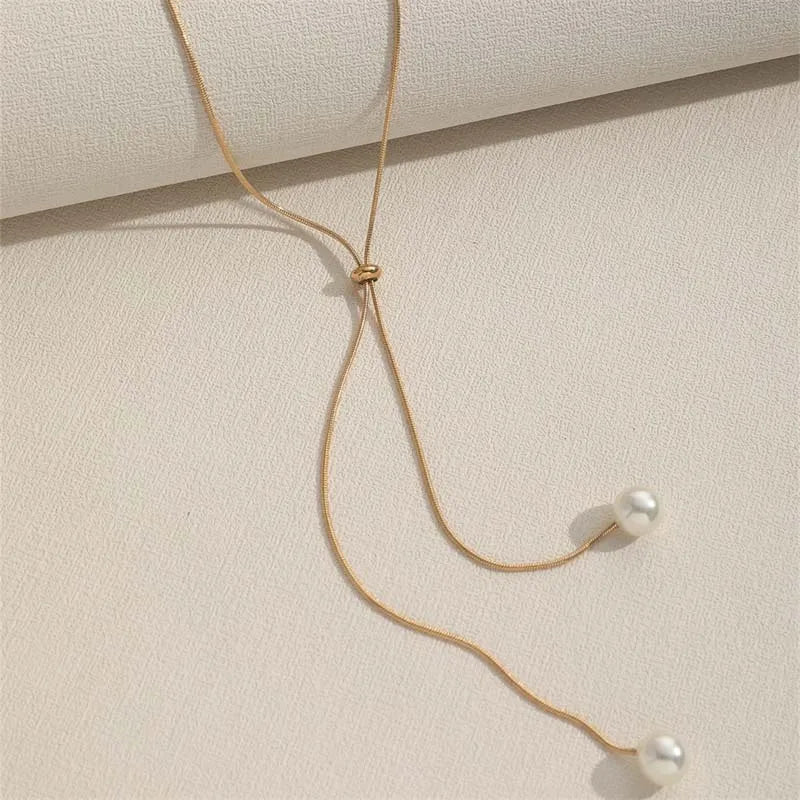 Long Pearl Pendant Necklace – Silver Adjustable Choker