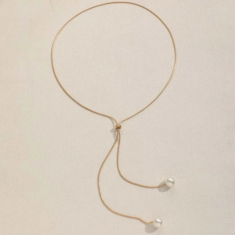 Long Pearl Pendant Necklace – Silver Adjustable Choker