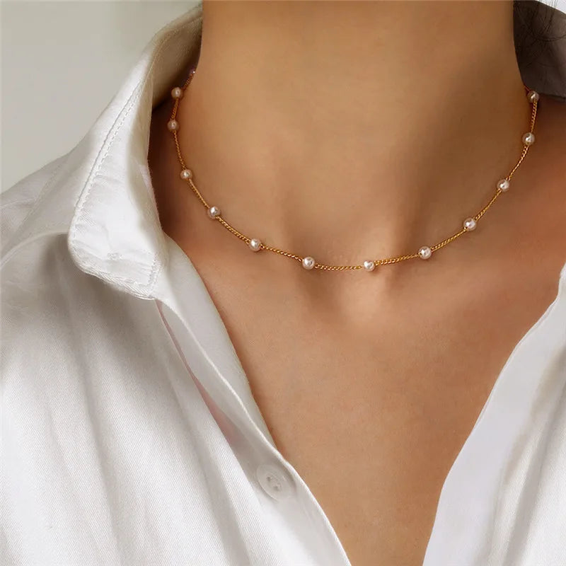 Pearl Choker Necklace – Gold Chain Statement Jewelry