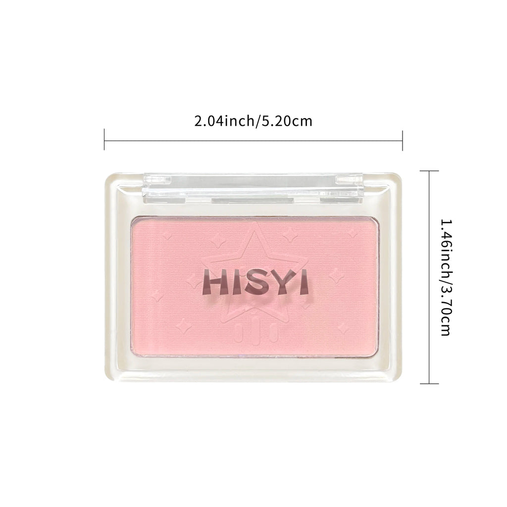 Pink blush compact with 'HISYI' branding and dimensions on a white background