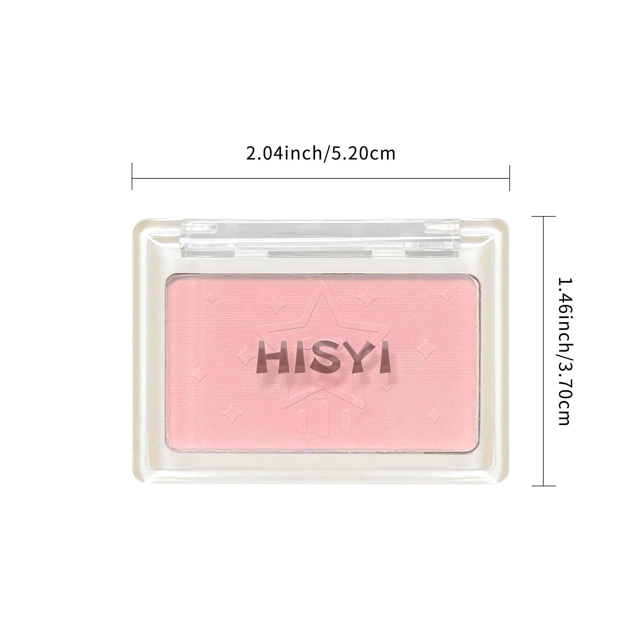 Pink blush compact with 'HISYI' branding and dimensions on a white background